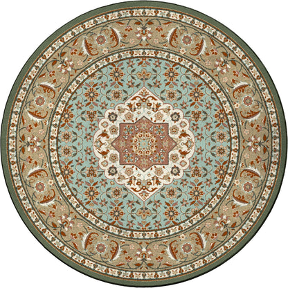 round endurastran premium nylon garden party rugheavy duty commerical grade stain resistant kid friendly and pet friendly persian inspired design in shades of sage green and light baby blue with hints of terra cotta