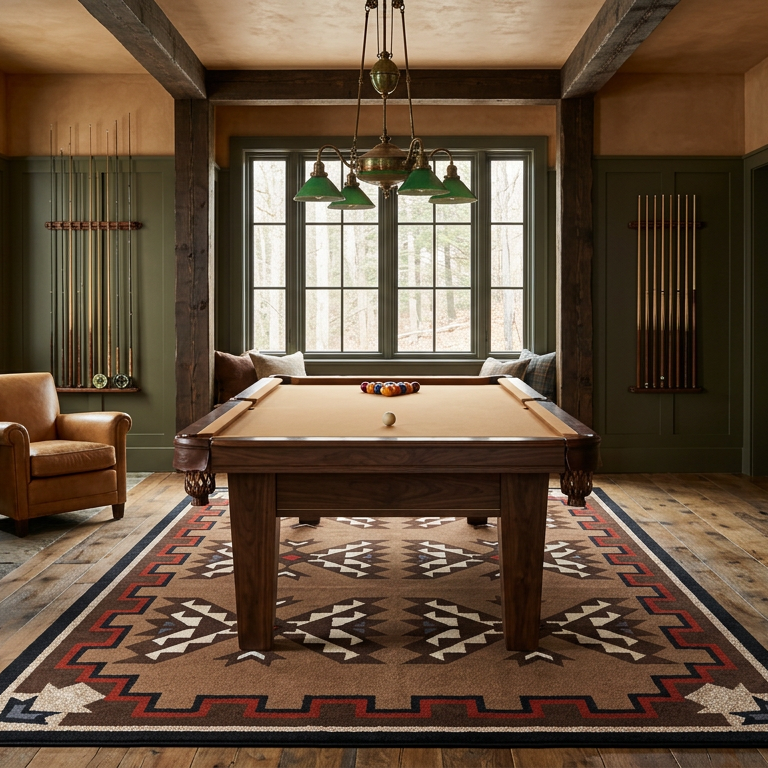 A rustic, cozy billiards room featuring a wooden ppool table centered on a large patterned rug, flanked by two leather armchairs, a stone fireplace, and a wood cabinet against dark green walls.