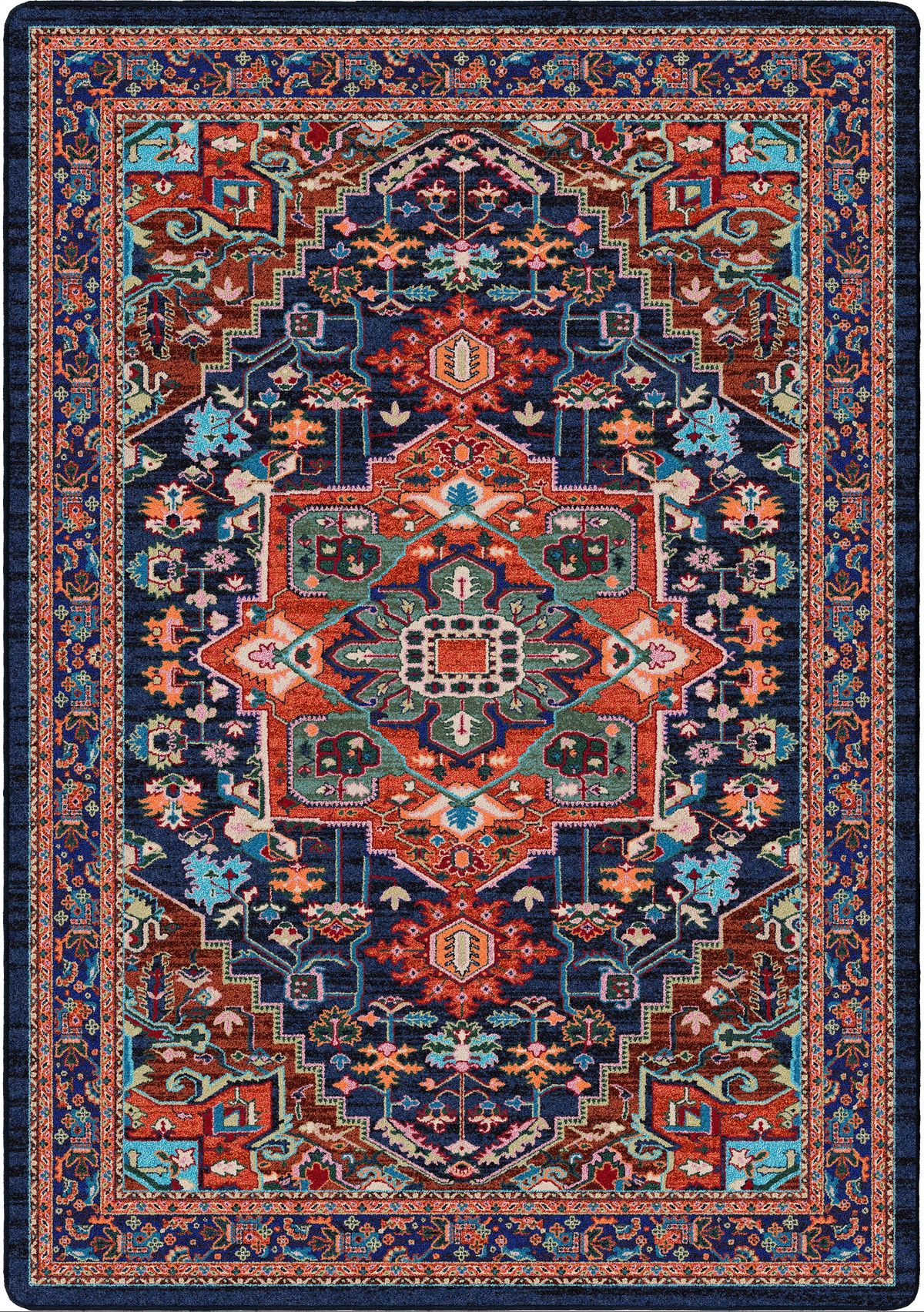 A traditional oriental-style area rug with an intricate geometric and floral pattern in navy blue, rust red, teal, and cream, shown flat against a white background.