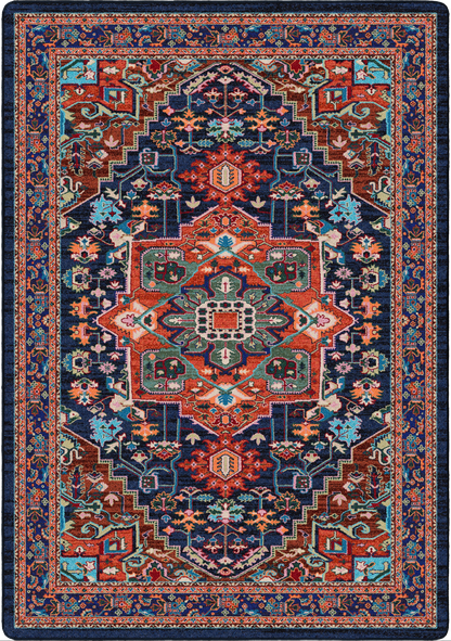 A traditional oriental-style area rug with an intricate geometric and floral pattern in navy blue, rust red, teal, and cream, shown flat against a white background.