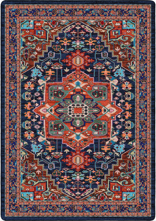 A traditional oriental-style area rug with an intricate geometric and floral pattern in navy blue, rust red, teal, and cream, shown flat against a white background.