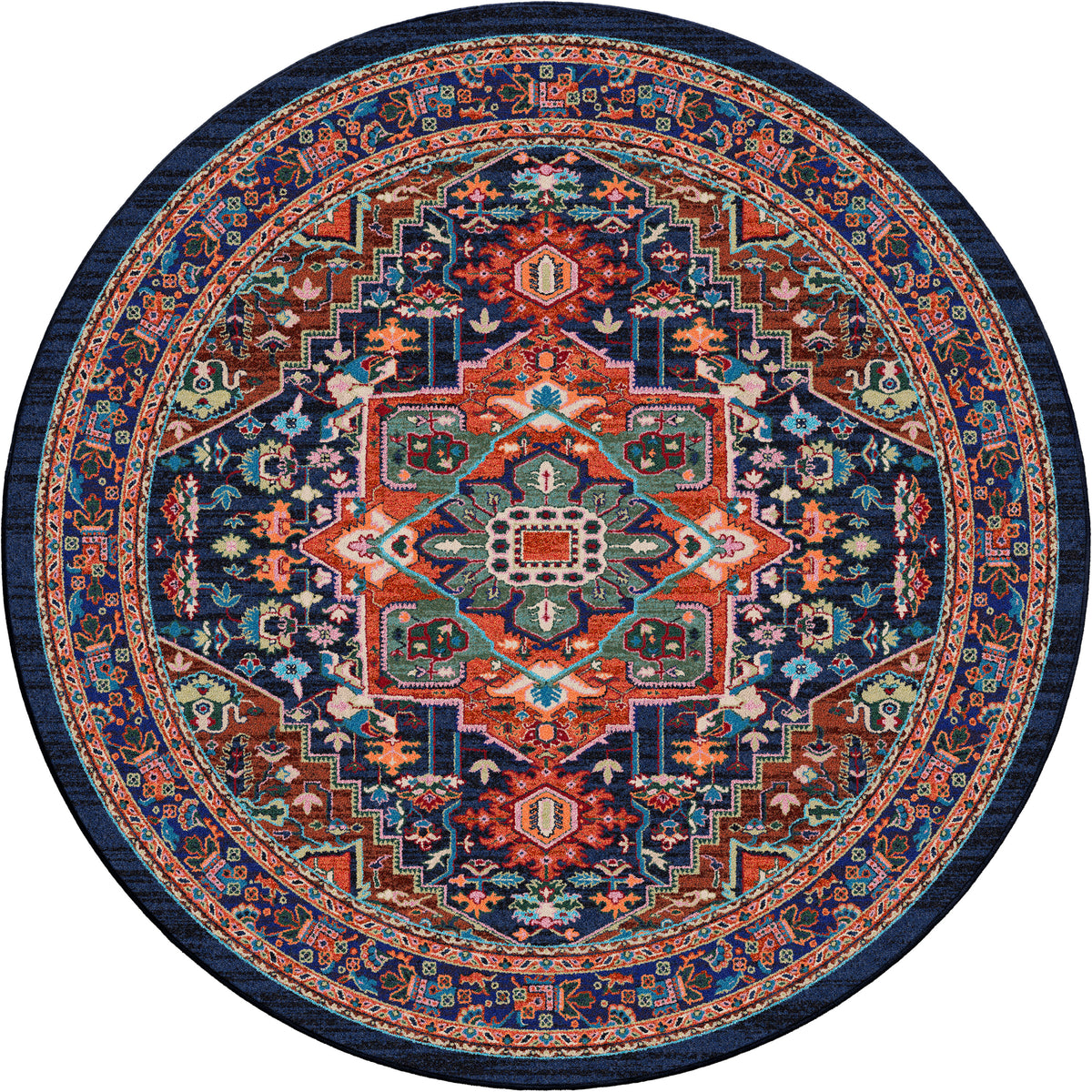 Good Company area rug: round rug with intricate geometric pattern on a white background.