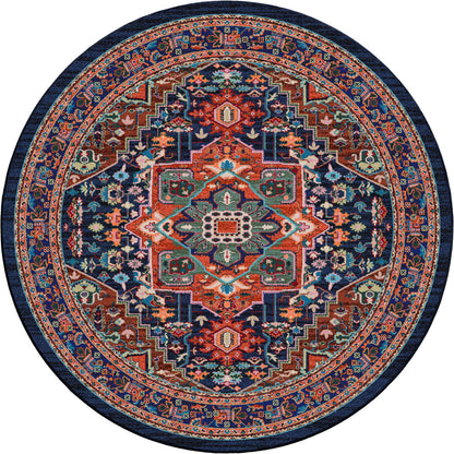 Good Company area rug: round rug with intricate geometric pattern on a white background.