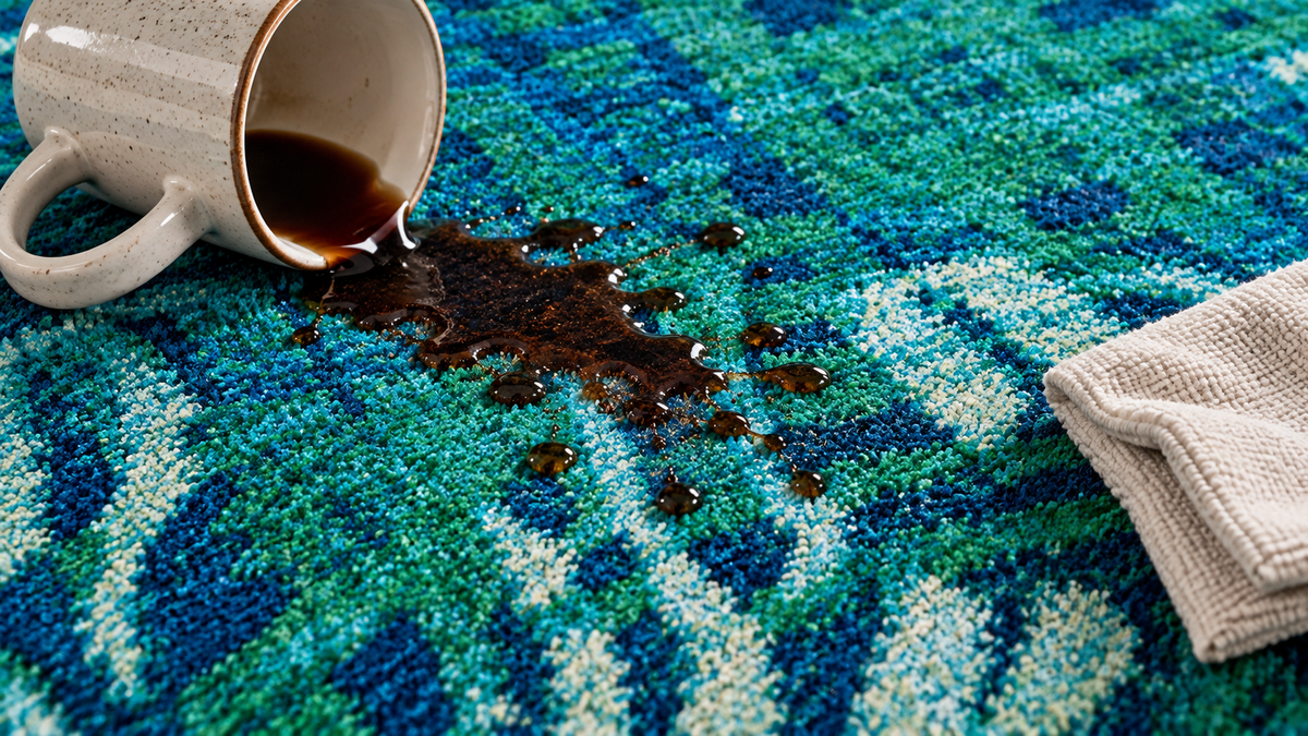 A close-up of a patterned blue and green rug with a spilled coffee spill on it, next to a folded cream cloth and a ceramic mug.