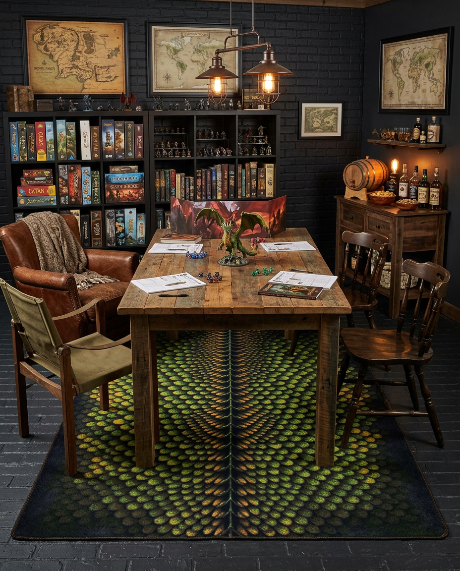 A rustic wooden dining table set in a dark, cozy room with bookshelves, hanging lamps, and a large patterned rug beneath it. The table is styled with game boards, papers, and small figurines, surrounded by…