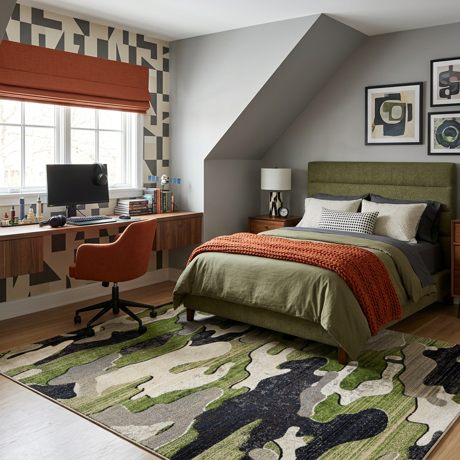 A styled bedroom interior featuring a bed with an olive green headboard and bedding, a matching camouflage area rug, a wooden desk with an orange chair, and framed wall art under a gray slanted ceiling.