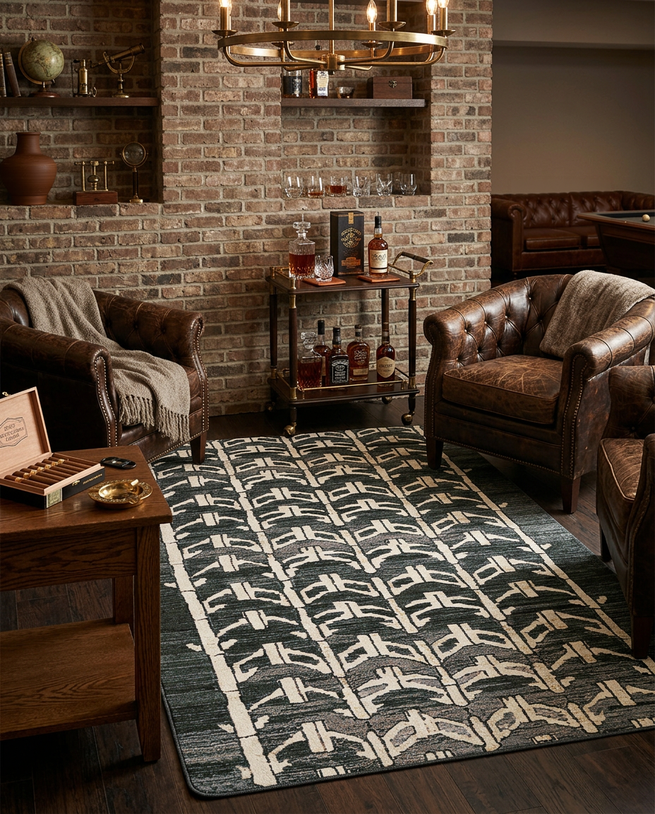A large rectangular area rug with a black and cream geometric pattern is styled in a rustic living room with brown leather armchairs, a brick wall, and a wooden bar cart.