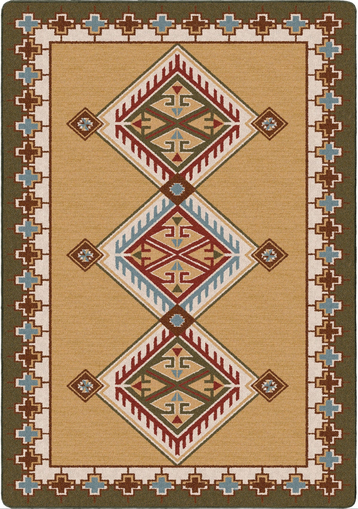 A rectangular area rug with a Southwestern geometric pattern, featuring three large central diamond motifs and a decorative border, shown flat against a white background.