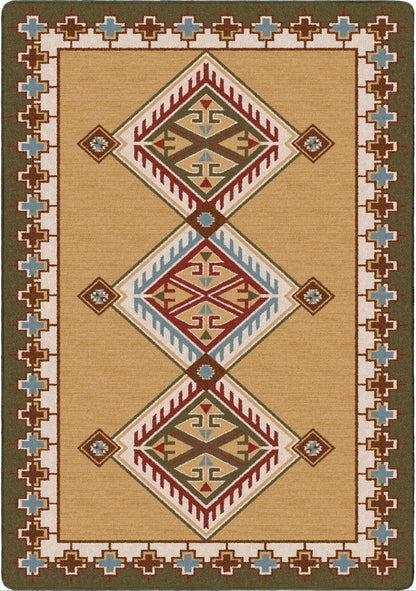 A rectangular area rug with a Southwestern geometric pattern, featuring three large central diamond motifs and a decorative border, shown flat against a white background.