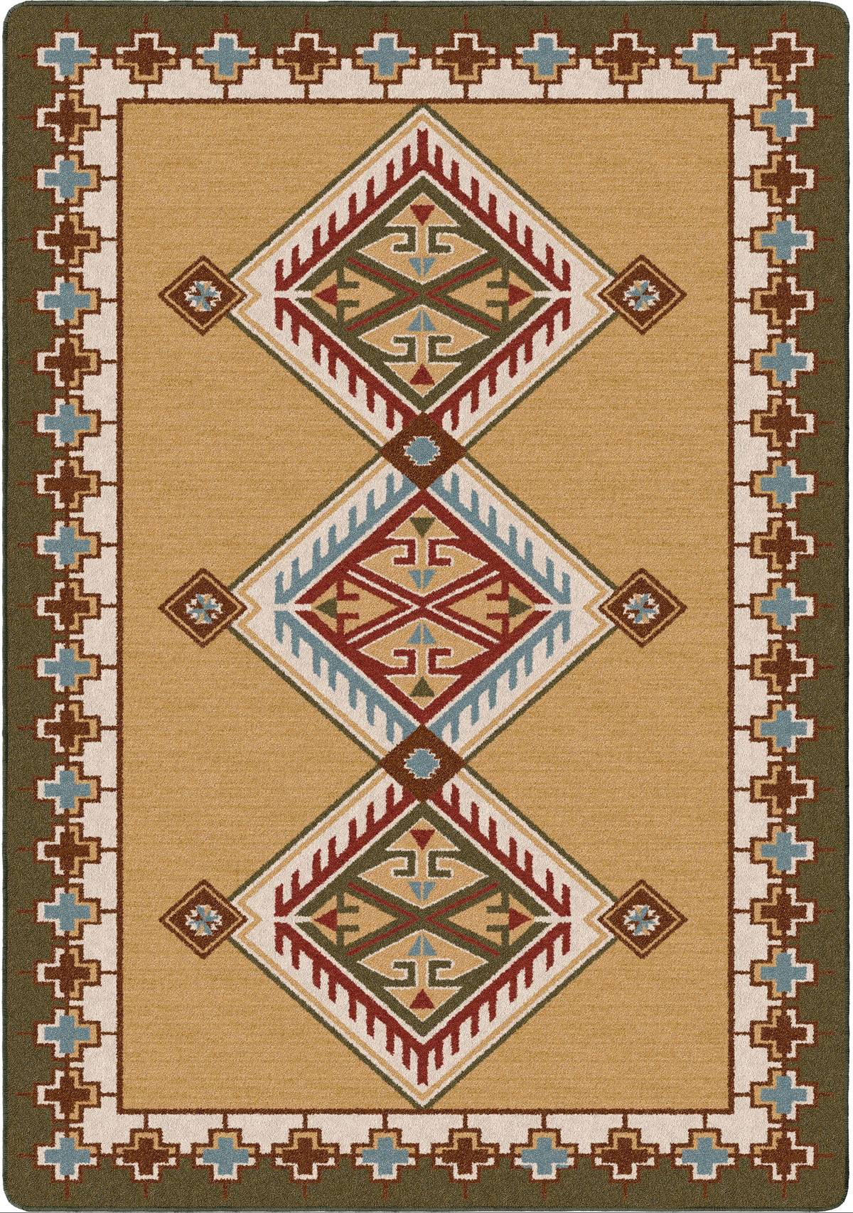 A rectangular area rug with a Southwestern geometric pattern, featuring three large central diamond motifs and a decorative border, in tan, brown, red, light blue, and cream.
