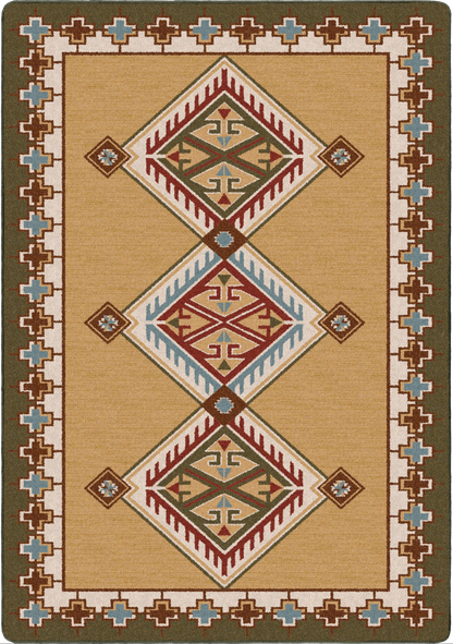 A rectangular area rug with a Southwestern geometric pattern, featuring three large central diamond motifs and a decorative border, in tan, brown, red, light blue, and cream.
