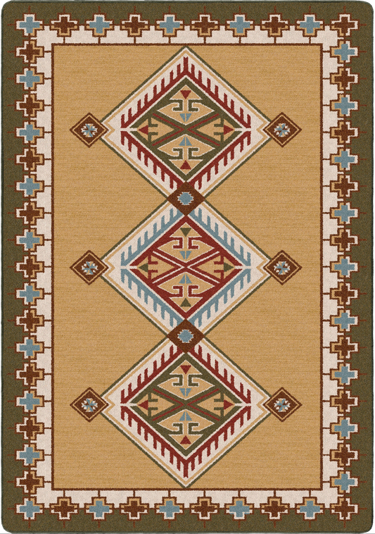 A rectangular area rug with a Southwestern geometric pattern, featuring three large central diamond motifs and a decorative border, in tan, brown, red, light blue, and cream.