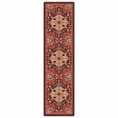 Hot Streak area rug: a long rectangular area rug with an intricate traditional geometric pattern in deep red, burgundy, beige, and orange, shown flat against a solid white background.