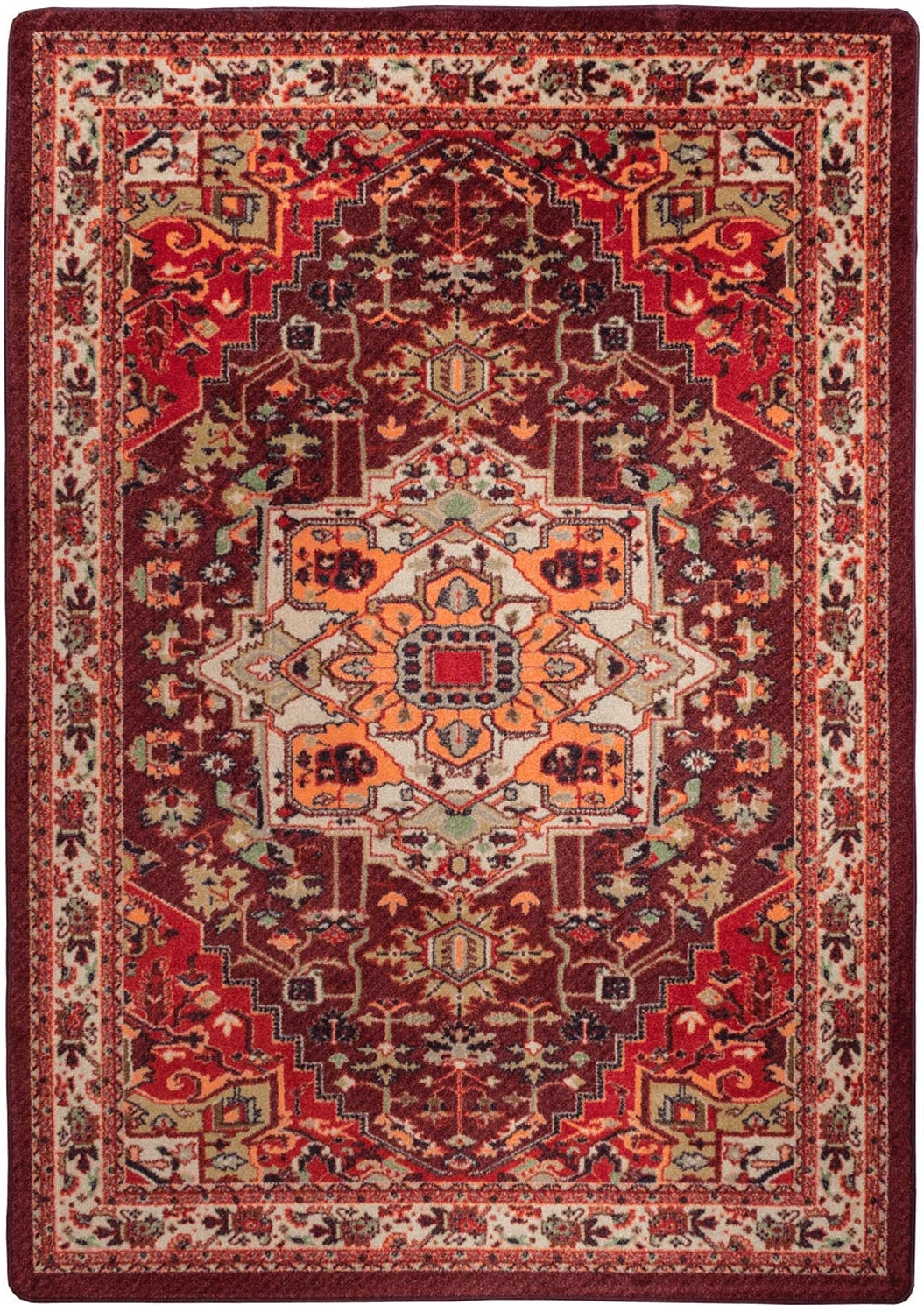 Hot Streak area rug: a traditional oriental-style area rug with an intricate geometric and floral pattern in deep red, rust orange, beige, and navy blue, shown flat against a plain white background.
