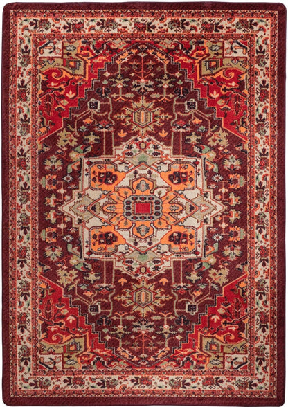 Hot Streak area rug: a traditional oriental-style area rug with an intricate geometric and floral pattern in deep red, rust orange, beige, and navy blue, shown flat against a plain white background.