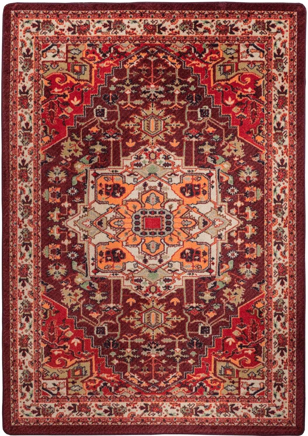 A traditional oriental area rug with a complex geometric and floral pattern in deep red, rust orange, beige, and navy blue.