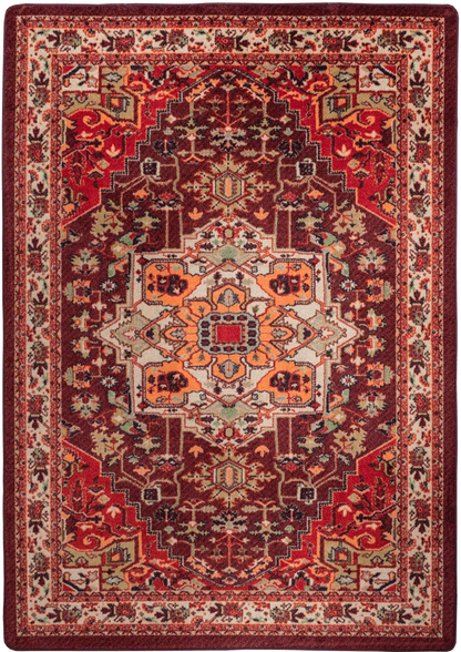 A traditional oriental area rug with a complex geometric and floral pattern in deep red, rust orange, beige, and navy blue.