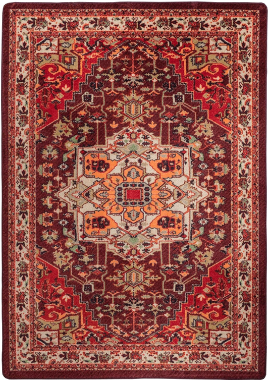 A traditional oriental area rug with a complex geometric and floral pattern in deep red, rust orange, beige, and navy blue.
