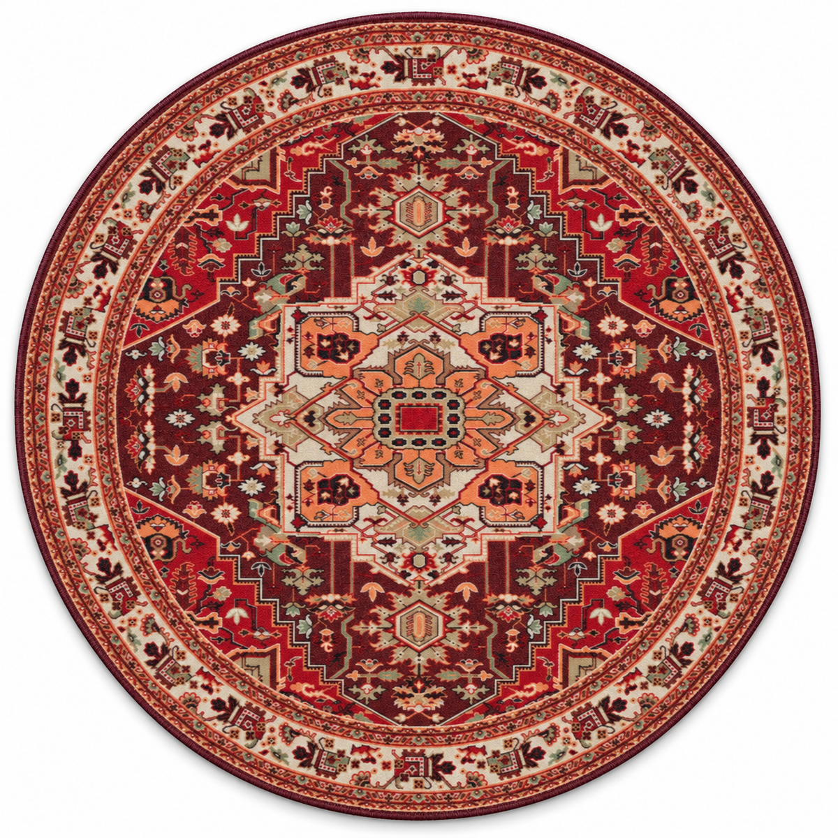 Hot Streak area rug: a round traditional area rug with an intricate geometric and floral pattern in deep red, beige, orange, and green, shown flat against a white background.
