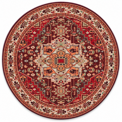 Hot Streak area rug: a round traditional area rug with an intricate geometric and floral pattern in deep red, beige, orange, and green, shown flat against a white background.