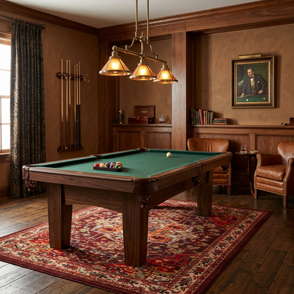 Hot Streak rug in rectangle under pool table in warm billiards room with painring on wall of man playing pool with leather cognac chairs.