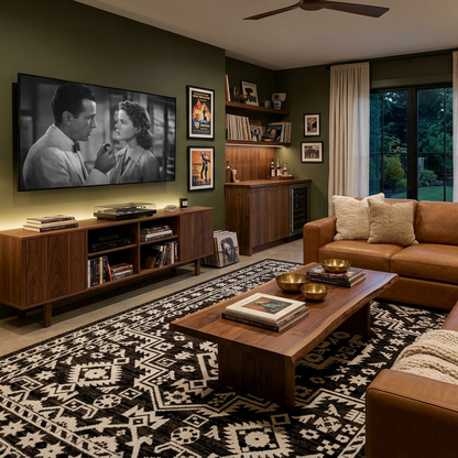 A styled modern living room featuring a large brown leather sectional sofa, a matching wooden coffee table, a black and white patterned area rug, olive green walls, and framed vintage movie posters.