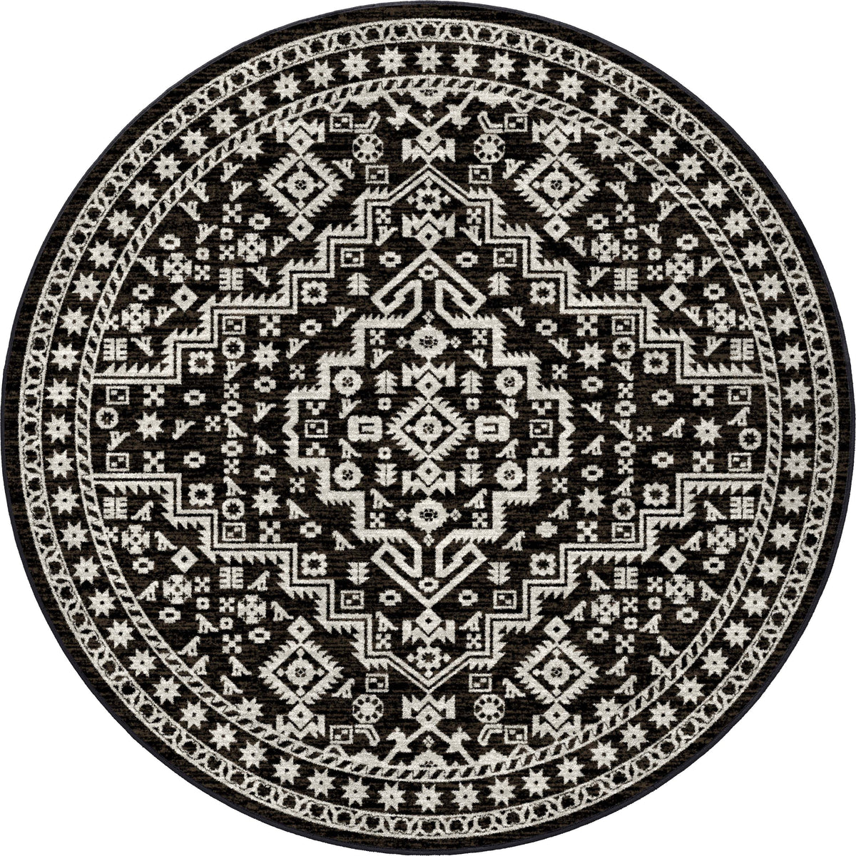 A round area rug with a brown and off-white geometric medallion pattern, shown flat against a white background.