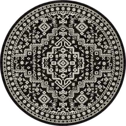 A round area rug with a brown and off-white geometric medallion pattern, shown flat against a white background.