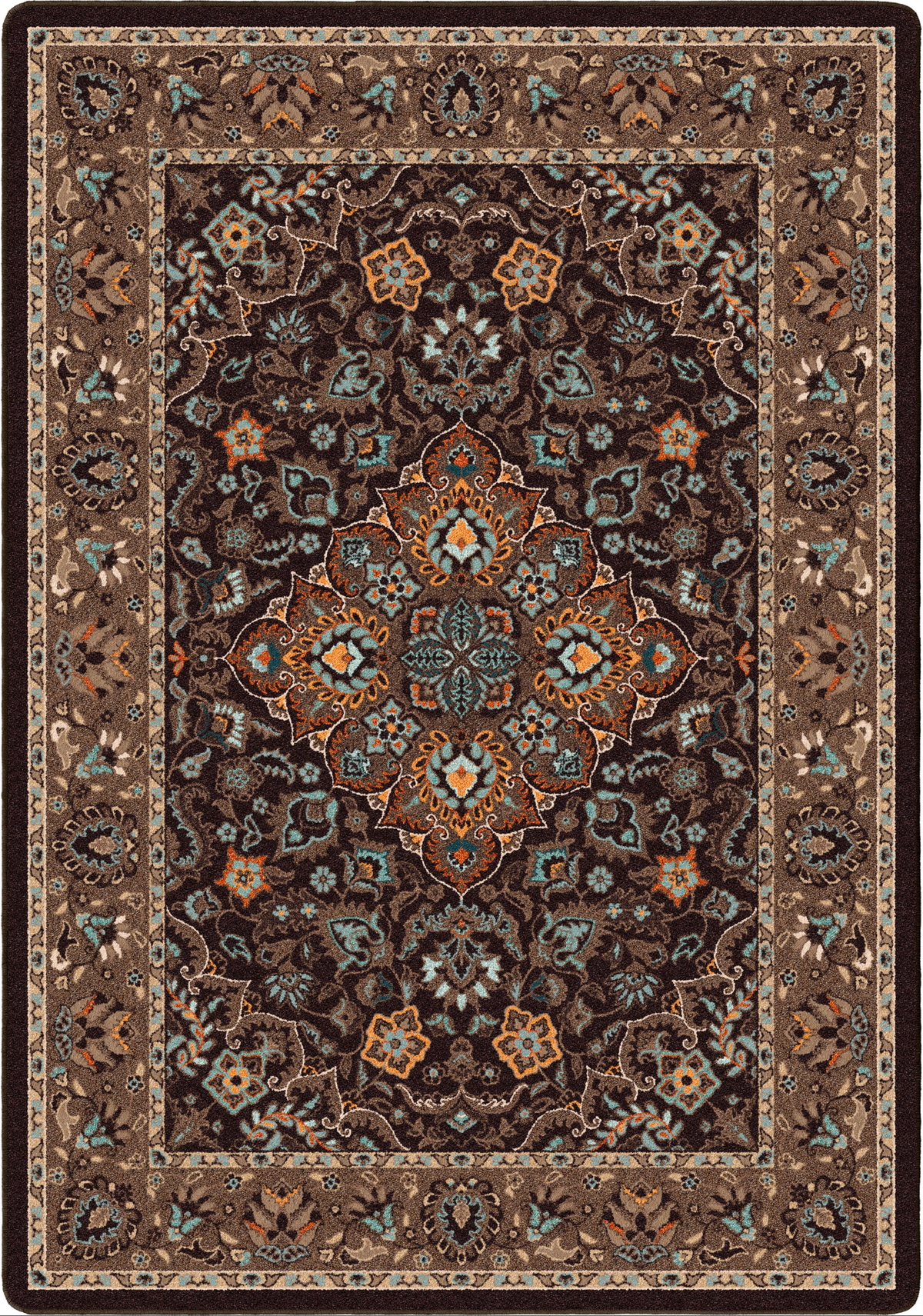An area rug with an intricate traditional Persian-style floral pattern in shades of brown, beige, and muted blue.