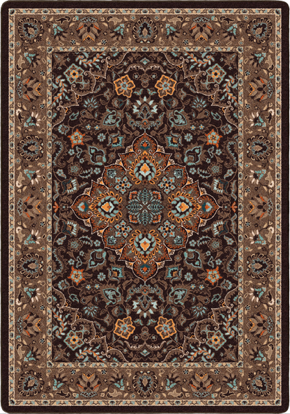 An area rug with an intricate traditional Persian-style floral pattern in shades of brown, beige, and muted blue.