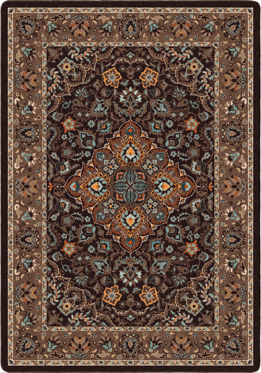An area rug with an intricate traditional Persian-style floral pattern in shades of brown, beige, and muted blue.