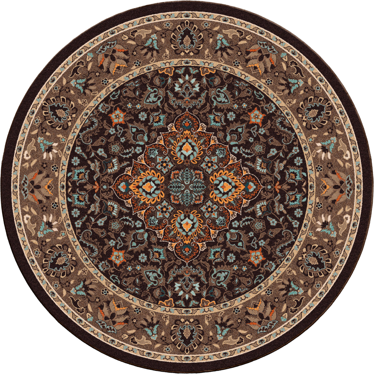 House Special area rug: round decorative rug with intricate patterns on a white background.
