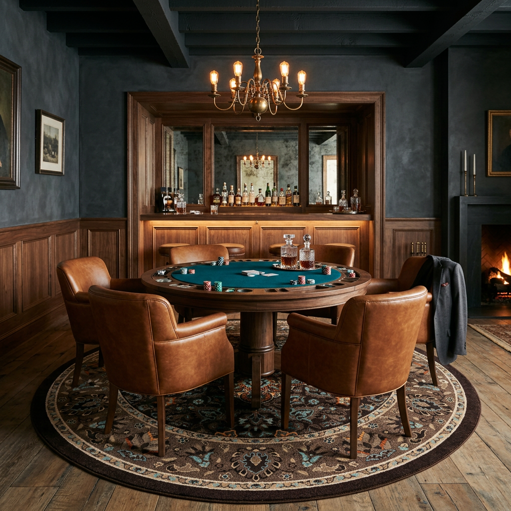 House Special area rug: a round wooden poker table with a green felt playing surface is surrounded by six brown leather chairs in a dimly lit, elegant room with dark wood paneling, a chandelier, and a fireplace.