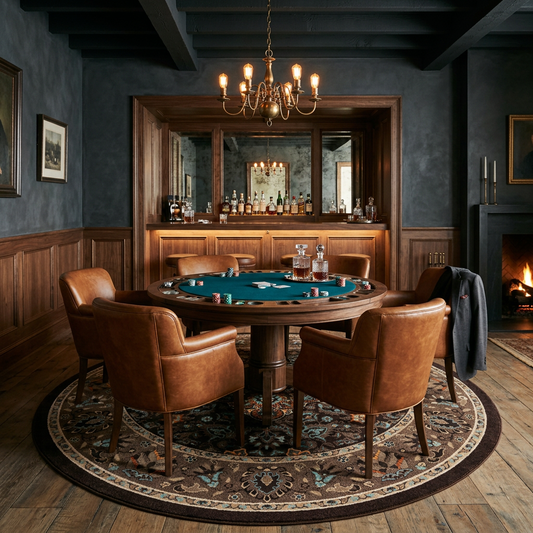House Special area rug: a round wooden poker table with a green felt playing surface is surrounded by six brown leather chairs in a dimly lit, elegant room with dark wood paneling, a chandelier, and a fireplace.