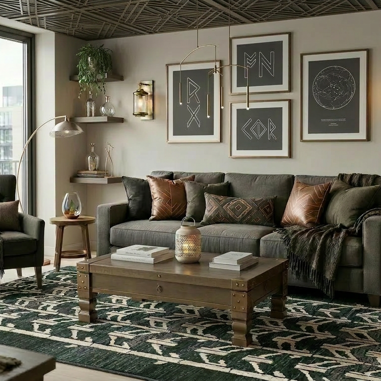 A styled modern living room featuring a dark gray fabric sofa with brown and beige accent pillows, a wooden coffee table, a patterned green and beige rug, and a dark wood bookshelf filled with books.