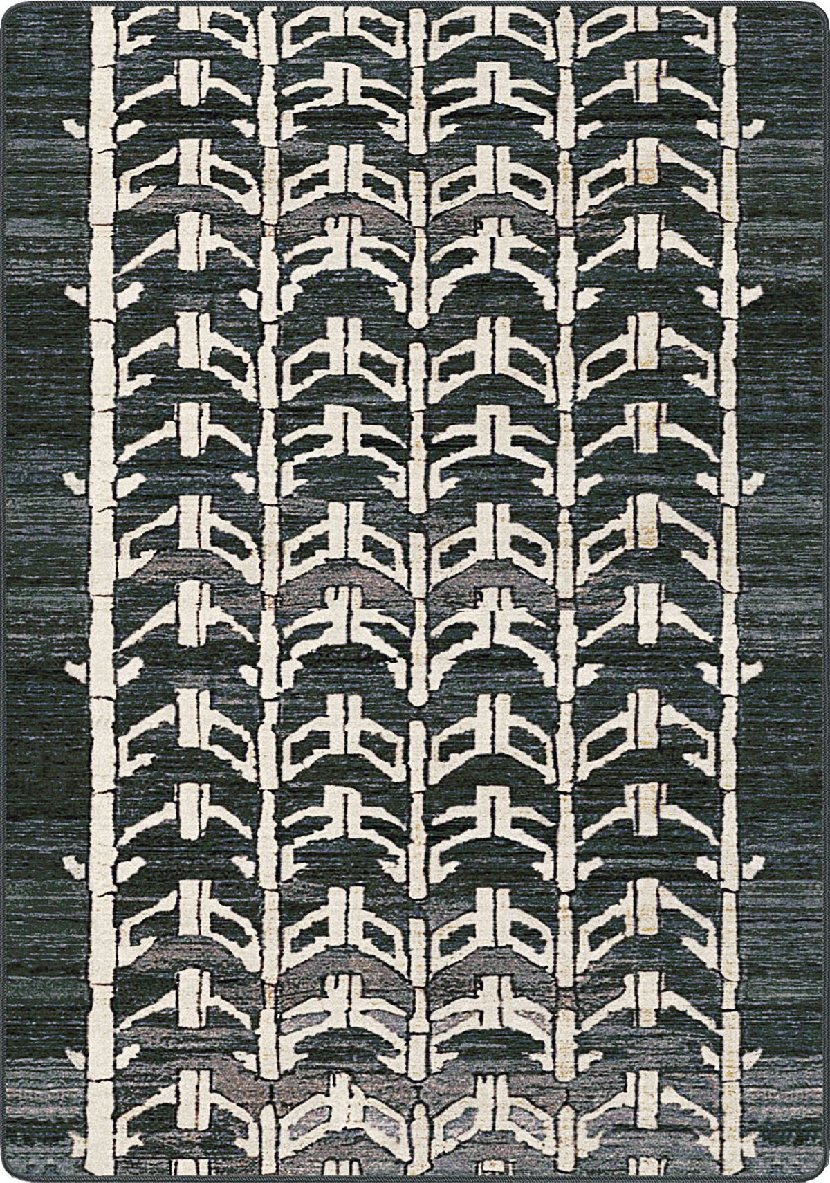 A square area rug featuring a vertical geometric pattern of repeating arches and chevrons in off-white and charcoal gray.