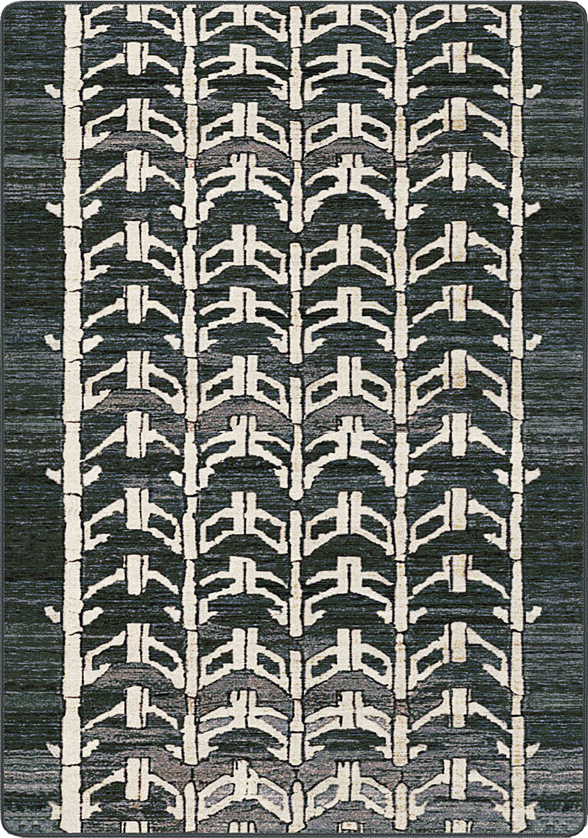 A square area rug featuring a vertical geometric pattern of repeating arches and chevrons in off-white and charcoal gray.