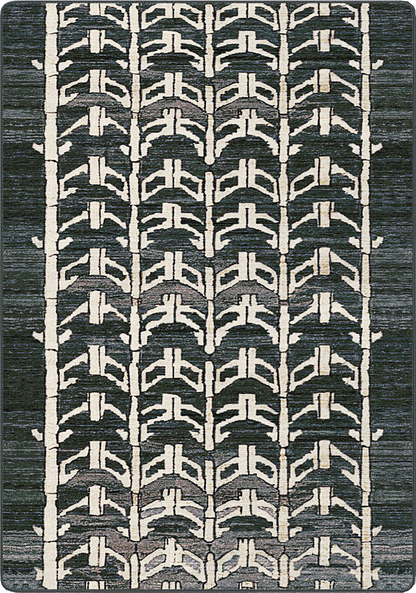 A square area rug featuring a vertical geometric pattern of repeating arches and chevrons in off-white and charcoal gray.