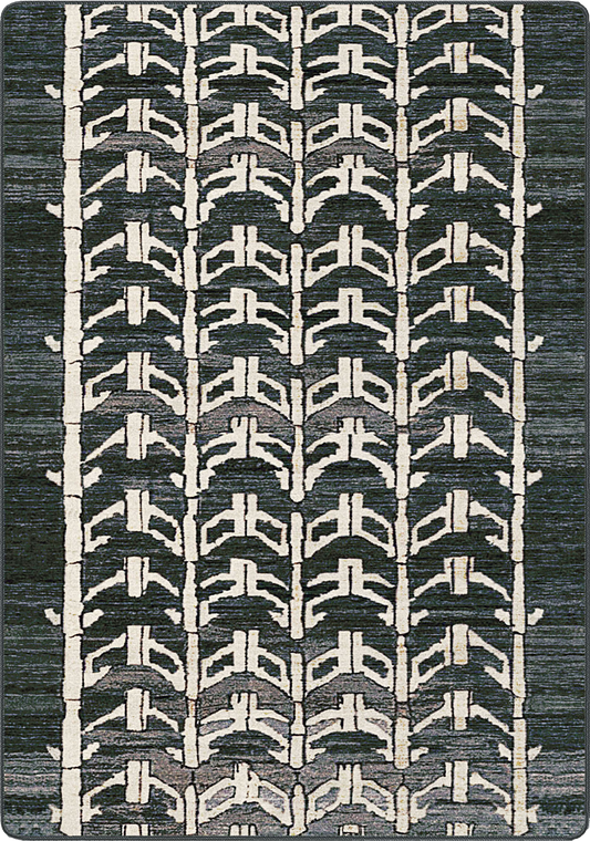 A square area rug featuring a vertical geometric pattern of repeating arches and chevrons in off-white and charcoal gray.