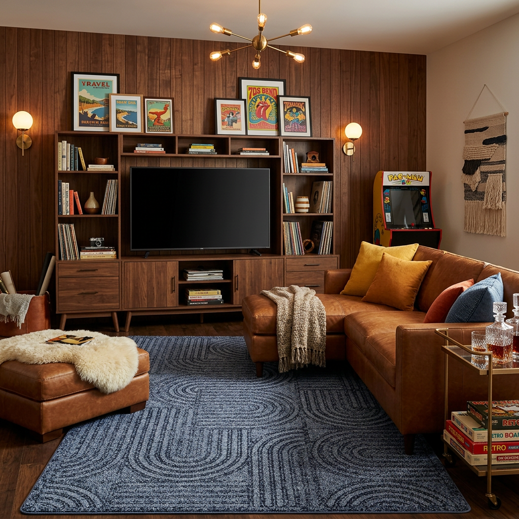 Joyride area rug styled in a home theater