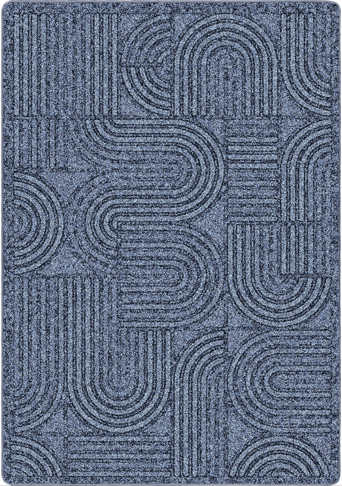 A rectangular area rug with a textured, woven geometric pattern featuring interlocking arches and parallel lines in shades of slate blue and gray.