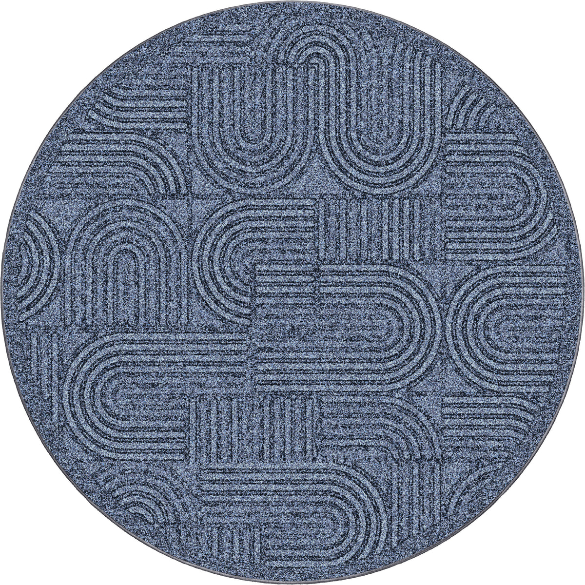 Joyride area rug: blue round area rug with swirling graphic 70s style patterns that look like traffic highways minimalist funky design.