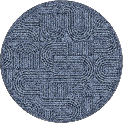 Joyride area rug: blue round area rug with swirling graphic 70s style patterns that look like traffic highways minimalist funky design.
