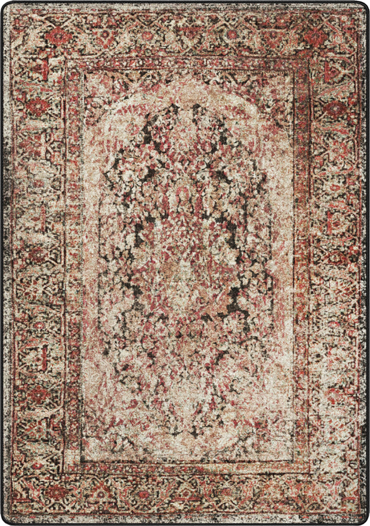 A distressed traditional area rug featuring an ornate central medallion and detailed floral borders in muted tones of beige, dusty red, brown, and black.
