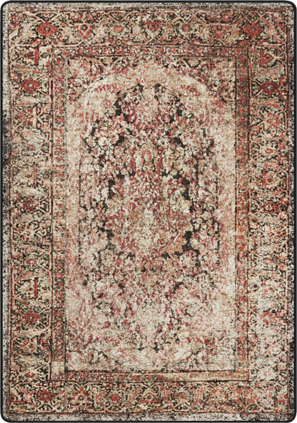 A distressed traditional area rug featuring an ornate central medallion and detailed floral borders in muted tones of beige, dusty red, brown, and black.