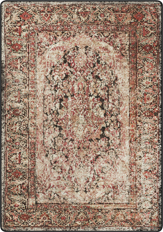 A distressed traditional area rug featuring an ornate central medallion and detailed floral borders in muted tones of beige, dusty red, brown, and black.