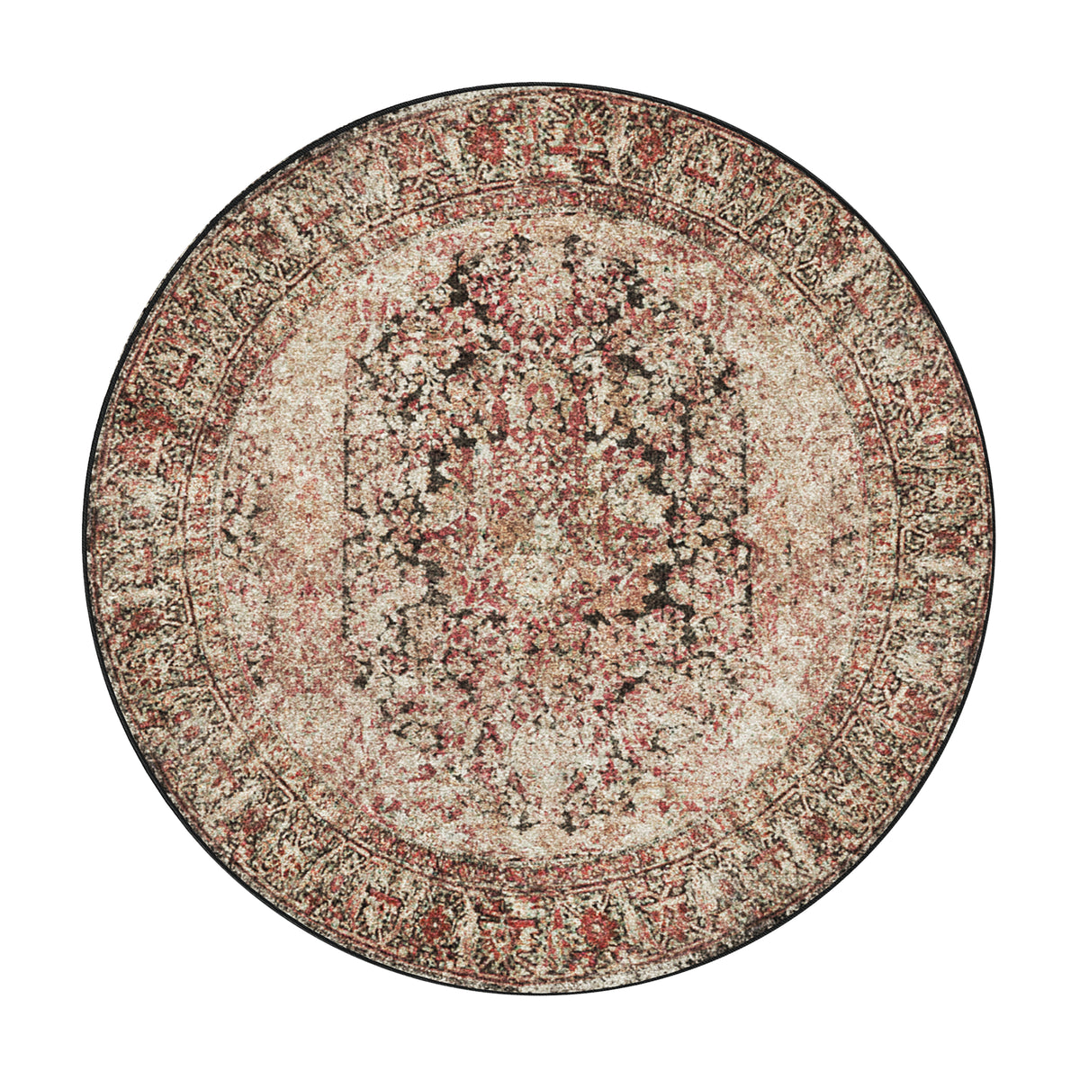 A round traditional area rug with an intricate floral and medallion pattern in beige, rust red, brown, and black, shown flat against a solid white background.