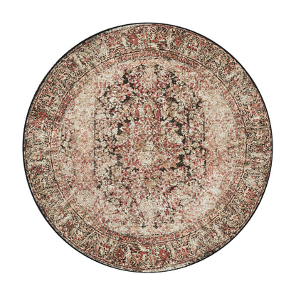 A round traditional area rug with an intricate floral and medallion pattern in beige, rust red, brown, and black, shown flat against a solid white background.