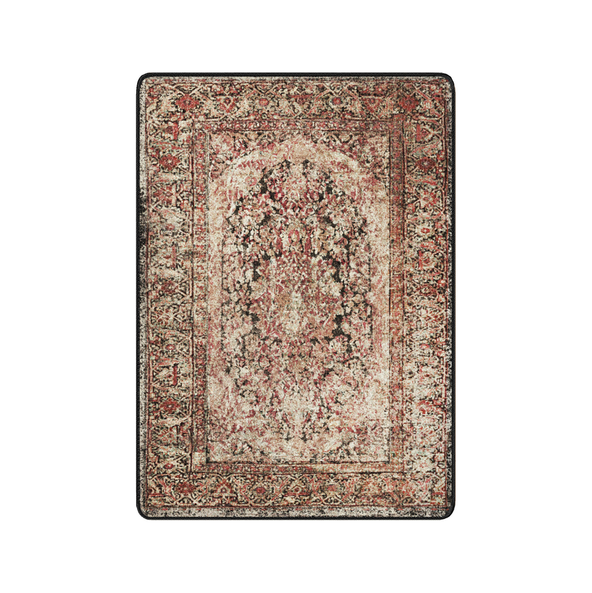 A rectangular vintage-style area rug with an ornate distressed pattern in muted red, beige, brown, and black, shown flat against a solid white background.