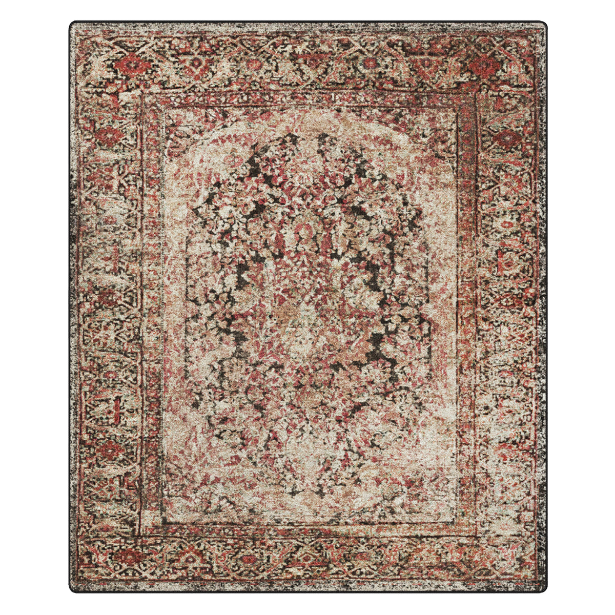 A rectangular vintage-style area rug with an ornate traditional pattern in distressed tones of beige, rust red, brown, and black, shown flat against a white background.